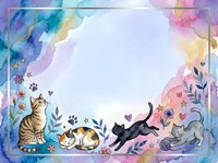 Watercolor frame with cute cats and floral elements on white background. Colorful border design for greeting cards, invitations and creative projects.