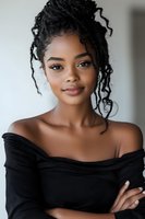 Young Black woman with braided updo hairstyle wearing off-shoulder black ribbed top, posing against neutral background for portrait, beauty, fashion and lifestyle content.