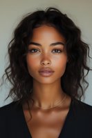 Young African American woman with natural wavy hair and glowing skin wearing minimal makeup and black top, looking directly at camera with confident expression.