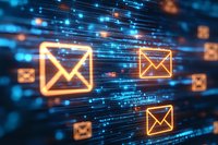Glowing orange email icons floating on dark background with digital data streams and binary code for technology and communication concepts.