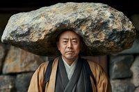Asian senior monk in traditional robe balancing large boulder on head showing strength and discipline against stone wall background in dramatic portrait.