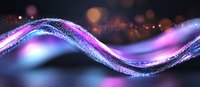 Glowing wave with sparkling particles flowing in dark space, purple and blue neon light streams creating dynamic motion effect against black background.