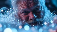 Dramatic close-up portrait of mature bearded man with water splashing around face against blue background with bokeh lights creating magical winter mood.