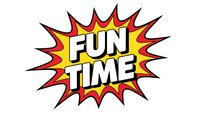 Comic book style burst with FUN TIME text in bold letters. Colorful explosion graphic with red and yellow rays. Pop art design element isolated on white background.