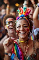 Young woman with rainbow face paint and colorful headdress smiling at pride parade celebration, wearing festive accessories and rainbow flag attire amid joyful crowd.