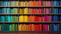 Colorful rainbow spectrum of books arranged on wooden library shelves, creating vibrant gradient from blue to yellow to red. Modern minimalist bookshelf organization.
