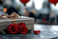 Romantic gift box with red roses and heart decoration on marble surface against blurred bokeh background. Elegant Valentine's day or anniversary composition.