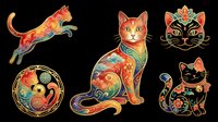 Colorful decorative cats and horse with ornate floral patterns, isolated on transparent background. Ready for t-shirt design, clipart, stickers, sublimation, print-on-demand products and digital crafts.
