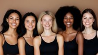 Diverse group of women wearing black tank tops smiling at camera against neutral background, representing beauty, inclusivity and natural confidence in lifestyle portrait.
