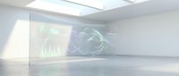 Modern minimalist gallery space with holographic data visualization display showing green charts and graphs on transparent screen for business presentations.