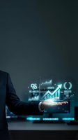 Businessman hand presenting holographic business growth charts and success metrics with glowing digital interface technology for corporate presentations.