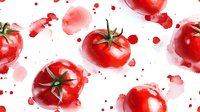Fresh red tomatoes with green stems and watercolor splashes on white background, seamless pattern for fabric, wallpaper and culinary designs.