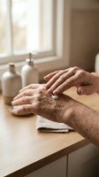 Senior man applying hand cream for skincare routine in bright bathroom with natural window light and warm atmosphere for wellness and self-care.