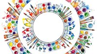 Art supplies arranged in circle on white background, including watercolor paints, brushes, markers and colored pencils, isolated for design use.