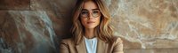 Young businesswoman with blonde wavy hair wearing glasses and beige blazer looking confidently at camera against textured wall background.