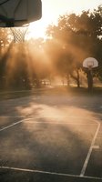 Outdoor basketball court at golden hour with dramatic sunlight streaming through trees creating atmospheric sports scene for recreation and fitness concepts.