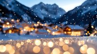 Winter mountain village with warm glowing lights and falling snow creating magical bokeh effect during twilight hour for holiday seasonal designs.