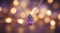 Elegant amethyst teardrop pendant necklace with silver chain against soft golden bokeh background, suitable for jewelry advertising and luxury product marketing.