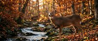 Deer with antlers standing in autumn forest near stream with golden foliage and warm sunlight filtering through trees, wildlife scene.
