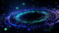 Glowing spiral of blue and green particles creating dynamic circular motion against dark background, abstract cosmic design for technology concepts.