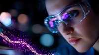 Young Asian woman in protective glasses with glowing purple particles and bokeh lights creating futuristic science laboratory atmosphere for research concepts.