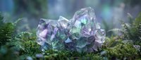 Purple amethyst crystal cluster on moss in enchanted forest setting with magical lighting and natural gemstone formation for spiritual healing decor.