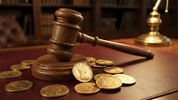 Wooden judge gavel with golden coins on desk representing legal fees, court costs, financial litigation, bankruptcy proceedings, and justice system expenses.