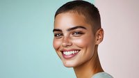 Young woman with short dark hair and bright smile against turquoise background. Natural glowing makeup, white teeth, and confident expression showcase modern beauty.