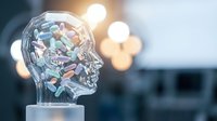 Transparent glass human head profile with colorful brain anatomy model on pedestal with warm bokeh lights background for medical education and neuroscience concepts.