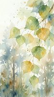 Watercolor autumn leaves branch with green and yellow foliage, artistic botanical illustration with paint splatters and drips on white background.