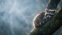 Adorable raccoon perched on moss-covered tree branch in misty forest atmosphere, wildlife photography perfect for nature and outdoor adventure content.