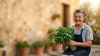 Senior woman with gray hair and Mediterranean ethnicity holding fresh green herbs in rustic countryside setting, wearing apron and blue shirt, ideal for gardening, agriculture, and lifestyle content.