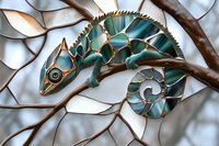 Artistic stained glass chameleon in turquoise and copper tones perched on branch against white mosaic background, featuring detailed spiral tail and intricate design patterns.