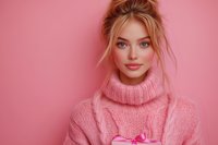 Young woman in cozy pink turtleneck sweater holding gift box against pink background. Messy bun hairstyle and natural makeup create casual winter holiday mood.
