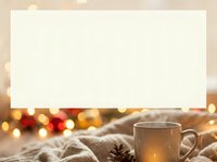 Cozy autumn scene with blank white card, steaming mug, knit blanket, and warm bokeh lights. Perfect for seasonal greeting cards, fall promotions, and holiday marketing designs.