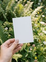 Hand holding blank white paper card against blurred green fern foliage background for mockup design templates and natural branding presentations.
