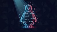 Cybersecurity penguin mascot with glowing neon outline and digital code elements on dark background for tech branding and software development projects.