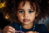Young mixed-race girl with curly hair and blue eyes creating colorful bead jewelry, focused on hands-on learning and creative development activities.