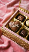 Luxury chocolate gift box with heart-shaped candy inscribed Love on pink velvet, romantic Valentine's Day treat for celebrations and gifting.
