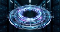 Futuristic holographic portal with glowing blue and purple energy rings displaying digital interface elements and data visualization in dark tech environment.