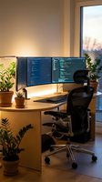 Modern home office workspace with dual monitors displaying code, ergonomic chair, plants and warm lighting for remote work productivity and programming.