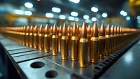 Rows of brass ammunition bullets arranged on dark surface with dramatic lighting and shallow depth of field creating striking perspective view of military supplies.