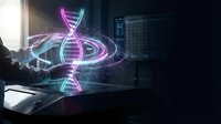 Futuristic DNA double helix hologram with neon lights floating above laptop in modern office workspace for biotechnology and genetic research concepts.