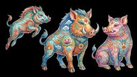 Three ornate boar characters with colorful folk art patterns, isolated on transparent background. Great for stickers, t-shirt design, print on demand, and sublimation crafts.