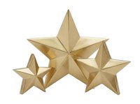 Metallic gold stars with geometric faceted surfaces isolated on white background, suitable for award designs, ratings, certificates, and promotional graphics.