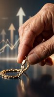 Senior male hand holding gold chain with upward trending financial charts and arrows in background, symbolizing wealth growth, investment success, and financial prosperity for business concepts.