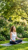 Young woman practicing yoga meditation in peaceful garden setting with lush green foliage and warm sunlight filtering through trees on exercise mat.