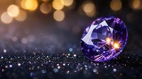 Purple diamond gemstone on dark glittering surface with golden bokeh lights and sparkles creating magical luxury jewelry atmosphere.