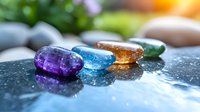 Colorful healing crystals on wet dark surface with water drops and soft natural lighting, creating spiritual atmosphere for meditation and wellness practices.