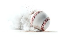 Baseball hitting ground with explosive dust cloud effect on white background, showcasing dynamic sports action and motion.